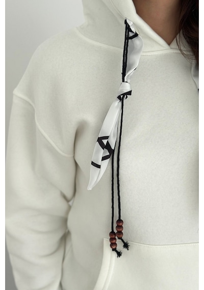 Noa & Noa Kadın Fular Detaylı Kapüşonlu Sweatshirt Casual Charm Beyaz