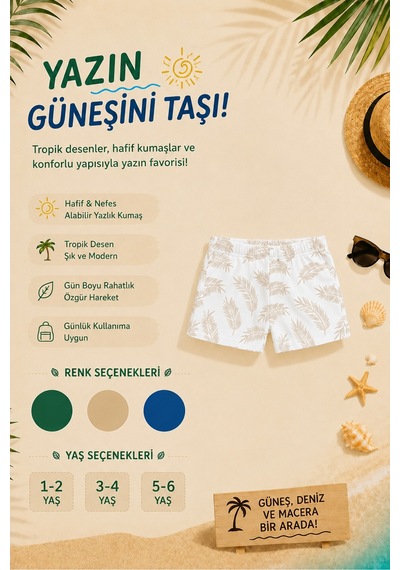 Overmax Palmiye Baskılı Çocuk Şort 1-6 Yaş Trend Yazlık Takım Bej - 903189474 Bej