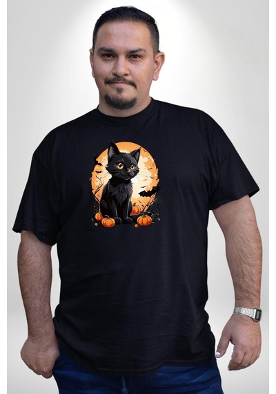 Angemiel Cadılar Bayramı Kedi Siyah Büyük Beden Erkek Kadın Unisex Basic Ön Baskılı Tişört Siyah