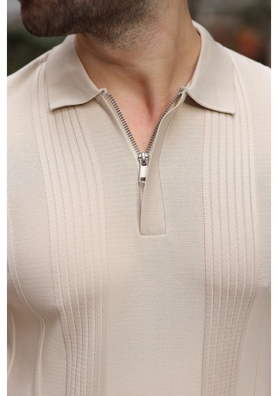 Madmext Taş Rengi Polo Yaka Slim Fit Erkek Triko Kazak E7527