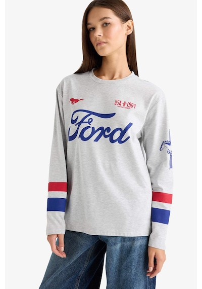 Defacto Ford Motor Company Oversize Geniş Kalıp Bisiklet Yaka Uzun Kollu Tişört G1034ax25augr110 Gri