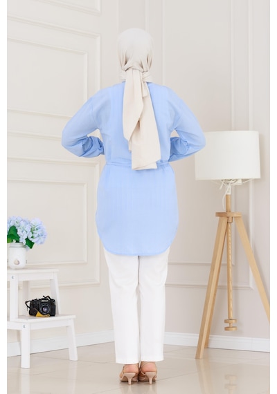 Sevitli Cepken Detaylı Bağlamalı Keten Tunik-bebe Mavi-5115 Bebek Mavisi