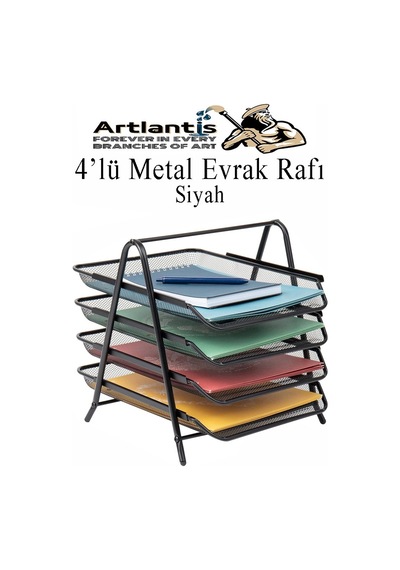 4 Lü Metal Evrak Rafı Siyah 1 Paket Masaüstü A4 Dosya Düzenleyici Kağıt Tepsisi Metal Çelik Fileli Dört Katlı Hareketli Siyah