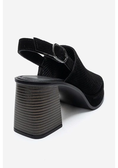 Luvi Shoes Penvıa Siyah Süet Hakiki Deri Kadın Kalın Topuklu Sandalet