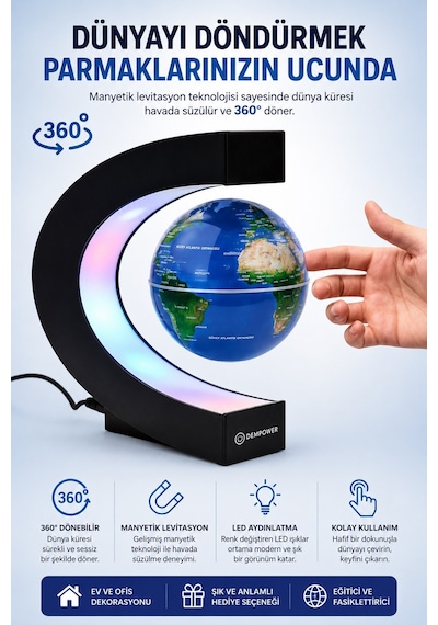 Manyetik Dönen Dünya Küre Sihirli Havada Duran Led Işıklı Dekoratif Globe Masaüstü Küre