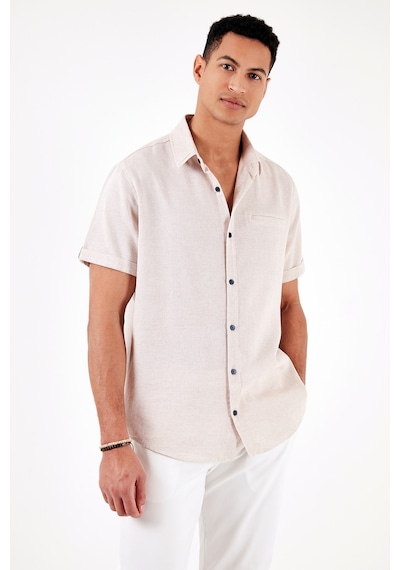 Buratti % 100 Pamuk Keten Görünümlü Slim Fit Kısa Kollu Erkek Gömlek Cf21S111766 Taş