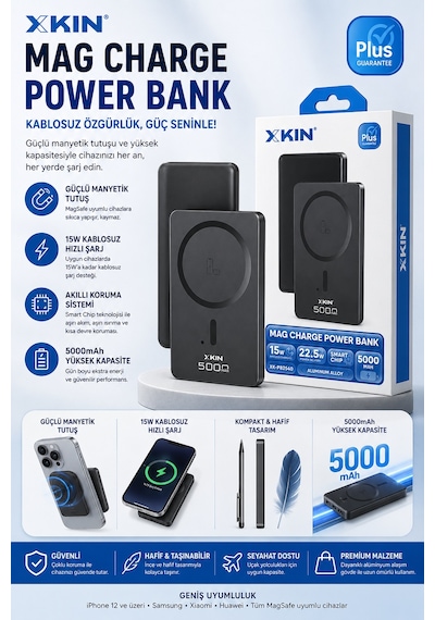 iPhone 17 Pro Max Uyumlu Uyumlu Magsafe Manyetik Powerbank 5000mah Siyah