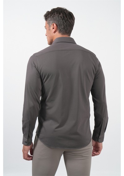 İmza Kahverengi Tulum Yaka Uzun Kol Cepsiz Örme Slim Fit Pamuklu Gömlek 1004260208