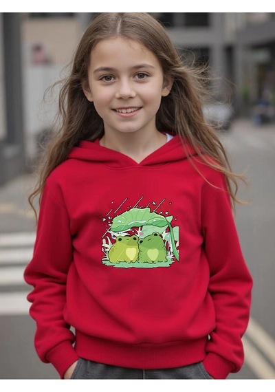 Uyguntarz Sevimli Kurbagalar Baskılı Oversize Çocuk Sweatshirt Kırmızı