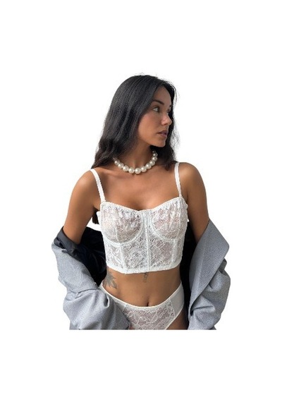 Onsekiz18shop İçi Boş Gümüş Simli Çiçekli Tül Beyaz Büstiyer Takım