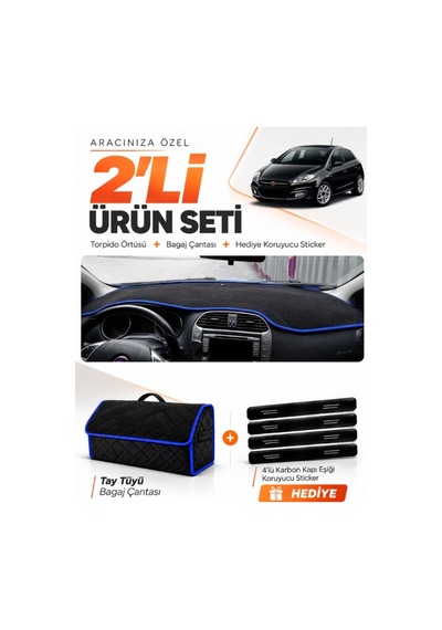 Fıat Bravo 2007-2014 Uyumlu Torpido Örtüsü + Tay Tüyü Bagaj Çantası + Sticker Seti - Siyah Mavi
