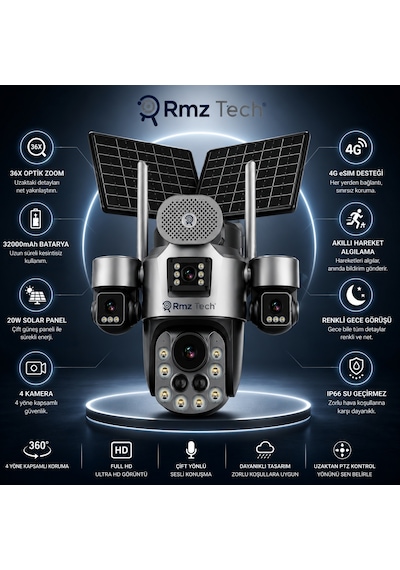 Avenir S447 12mp 4 Kameralı 36x Optik Zoom 4g Esım Sim Kartlı Çift Solar Panelli Ptz Güvenlik Kamera