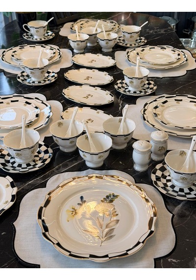 48 Parça Porselen Black Flower Kahvaltı Seti-5407 Siyah