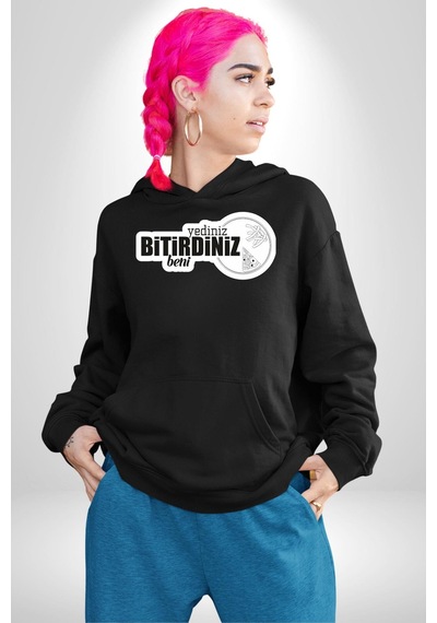 Yediniz Bitrdiniz Beni Yazılı Kadın Erkek Siyah Kapüşonlu Sweatshirt Hoodie Siyah
