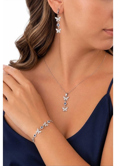 Gümüş Pazarım Safir Taşlı Kelebek Motifli Gümüş Set 83007562