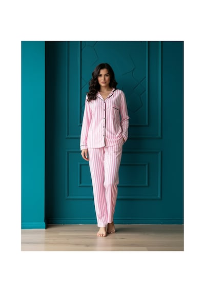 Rindahomewear Çizgili Kadın Süprem Düğmeli Arabiyeli Uzun Kol Pijama Takım Pembe