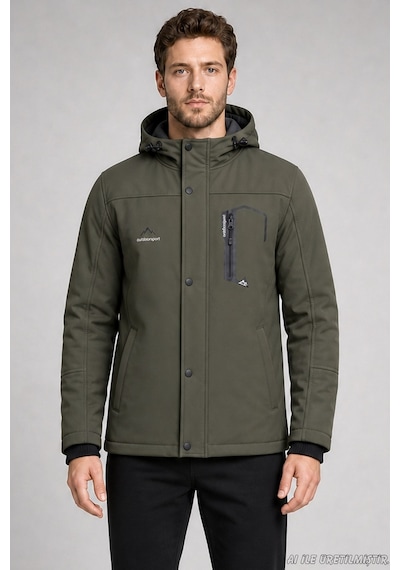 Freemen Erkek Kapüşonlu İçi Kürklü Su Ve Rüzgar Geçirmez Outdoor Softshell Mont-414 Haki