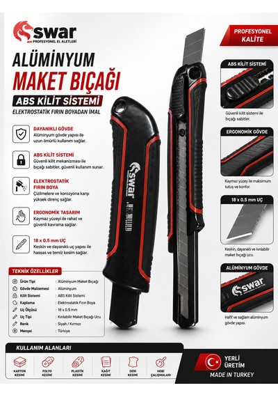 Swar Alüminyum Maket Bıçağı 18 X 0.5 Mm Abs Kilit Sitemi Otomatik Kilit Sistemi