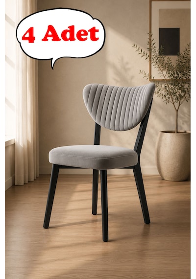 Teknor 4 Adet Elma Sandalye Modern Kadife Kapitone Sırtlı Mutfak Yemek Odası Balkon Kafe Sandalyesi 85 Cm Açık Gri