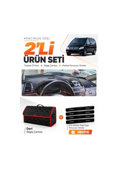 Mercedes Viano W639 2003-2014 Uyumlu Torpido Örtüsü + Deri Bagaj Çantası + Sticker - Siyah Kırmızı