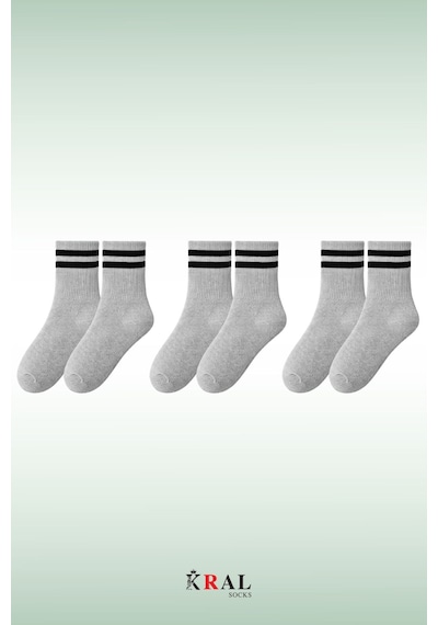 Kral Socks Erkek Kadın 3 Çift Çizgili Kolej Tenis Çorabı Pamuklu Terletmez Çorap Gri