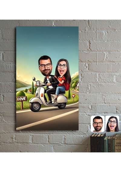Bk Gift Kişiye Özel Motorcu Çift Karikatürlü Ahşap Tablo - 1, Sevgililer Günü, Sevgiliye Hediye Kobitmeyencom33789 Bk Gift