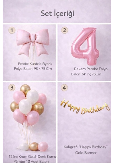 Pembe Fiyonk 4 Yaş Doğum Günü Balon Seti
