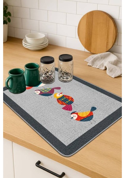 Gri Papağanlı Microfiber Bulaşık Kurutma Kurulama Matı Mm022n11