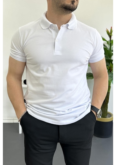 Erkek Slim Fit Düz Renk Pamuklu Soft Polo Tişört Beyaz Edw365 Beyaz