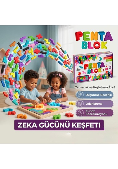 22 Parçalı Renkli 12 Çeşitli Şekilli Penta Bloklu 1-2 Kişilik Zeka Geliştirici Eğitici Oyuncak Seti