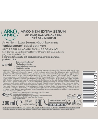 Arko Nem Extra Serum Barrier Boost Gelişmiş Cilt Bariyer Onarımı & Derin Nemlendirici Krem 300 Ml