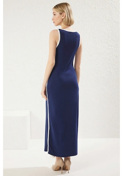 Benerly Kadın Halter Yaka Kolsuz Bodycon Kalıp Ribana Maxi Elbise Fonksiy Lacivert