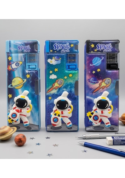 Fonksiyonlu Kalem Kutusu Astronot Dönen Roketli Kalemtraşlı Kalemlik - Siyah Gezegen