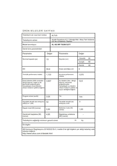 Altus AL 403 MP 3 Programlı 13 Kişilik Bulaşık Makinesi