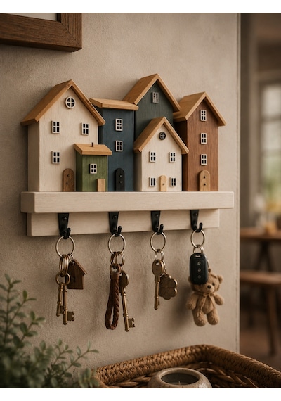 Ahşap Ev Figürlü Anahtarlık Askılığı Dekoratif Duvar Anahtarlığı 4 Kancalı Modern Organizer Çok Renkli