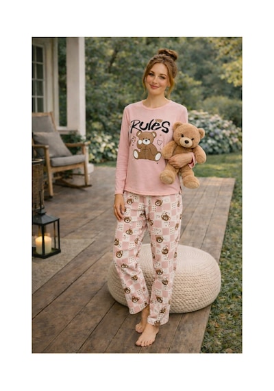 Rindahomewear Kadın Rules Ayıcık Baskılı Süprem Uzun Kol Pijama Takımı Pembe