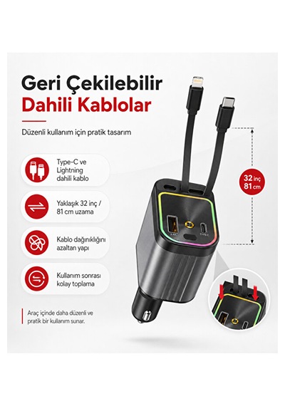 66w Geri Çekilebilir 4'ü 1 Arada Araç Şarj Cihazı Type-c Lightning 01