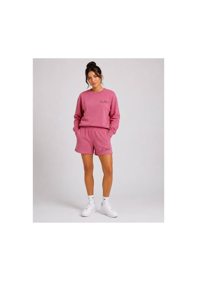 Herkesemoda Hüppy Baskılı Kadın Oversize Şortlu Sweatshirt Eşofman Takımı Gül Kurusu