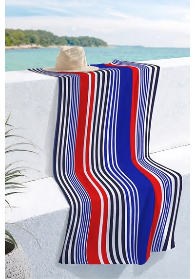 Çizgili Marine Çift Taraflı Plaj Havlusu - Modern Lacivert Kırmızı Hızlı Kuruyan Mikrofiber Havlu Çok Renkli