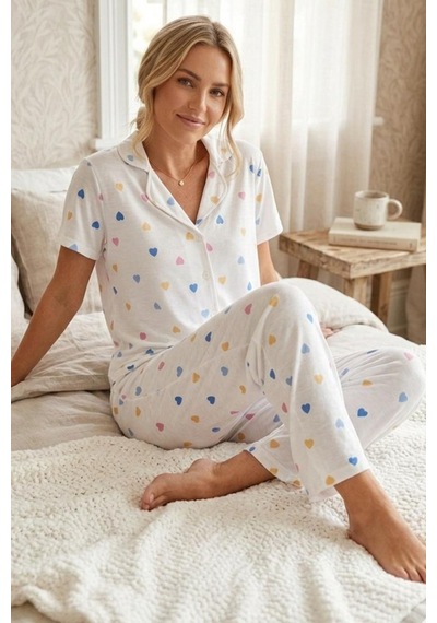 Renkli Kalp Desenli Düğmeli Kısa Kollu Pijama Takımı 4591 Kar Beyaz