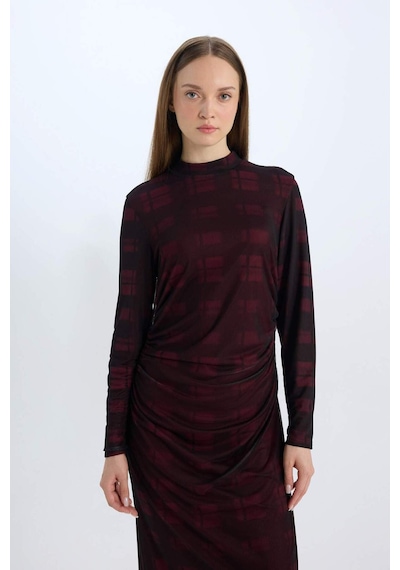 DeFacto Regular Fit Yarım Balıkçı Yaka Desenli Uzun Kollu Maxi Tül Elbise E1959AX24WNBR115 Bordo