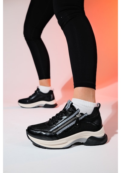 Luvishoes Oude Siyah Kadın Fermuarlı Kalın Taban Spor Sneakers Siyah