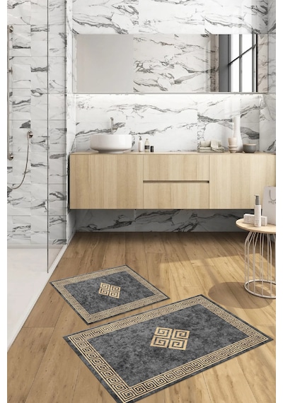 Buççin Online Mağaza Dijital Baskılı Yıkanabilir Çerçeveli Klasik Model Banyo Paspası Klozet Takımı Polyester Bej Çok Renkli