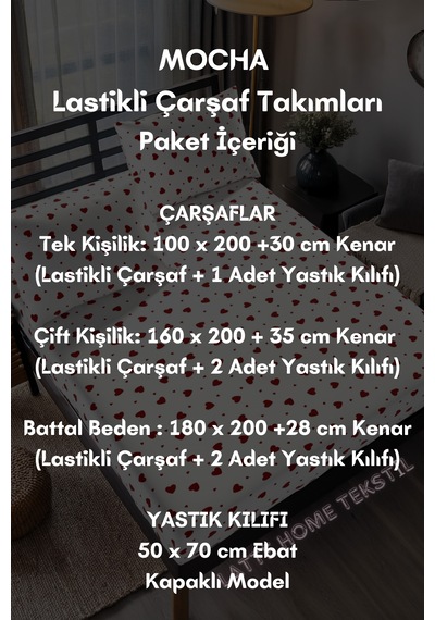 Mocha Kırmızı Kalp Desenli Pamuklu Kumaş Lastikli Çarşaf Takımı Kırmızı