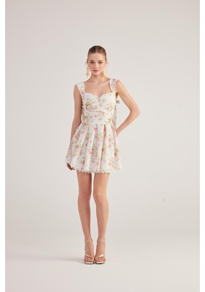 Holly Lolly Eteği Brode Detaylı Çiçekli Mini Romance Elbise Pembe