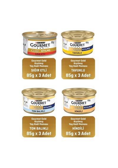 Gold Kıyılmış Kedi Konserve Maması, 85g X 12 Adet, Karışık Paket