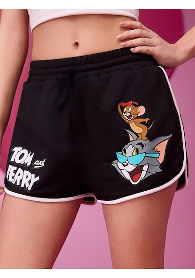Siyah Yırtmaçlı Beyaz Biyeli Tom Ve Jerry Baskılı Bermuda Şort Siyah2-280703
