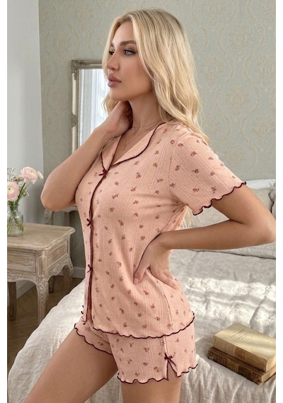 Bella Notte Pembe Romantik Çiçek Desenli Fiyonk Süslemeli Kısa Kollu Şortlu Pijama Takımı
