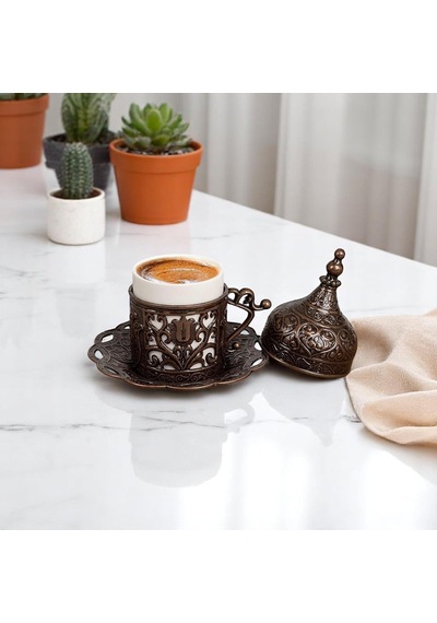 1 Adet Türk Yunan Arap Kahvesi Espresso Fincanı Tabağı Lale Antik Bakır Beyaz - Çok Renkli