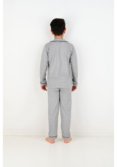 Vitmo Erkek Çocuk Uzun Kollu Pamuklu Düğmeli Pijama Takımı Mini Kare Gri